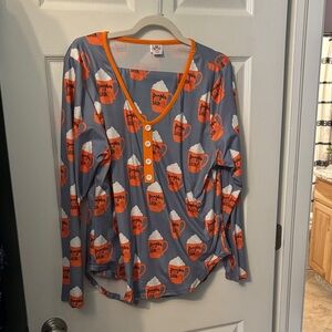 Gray and Orange Coffee Print Women's Pajama Top